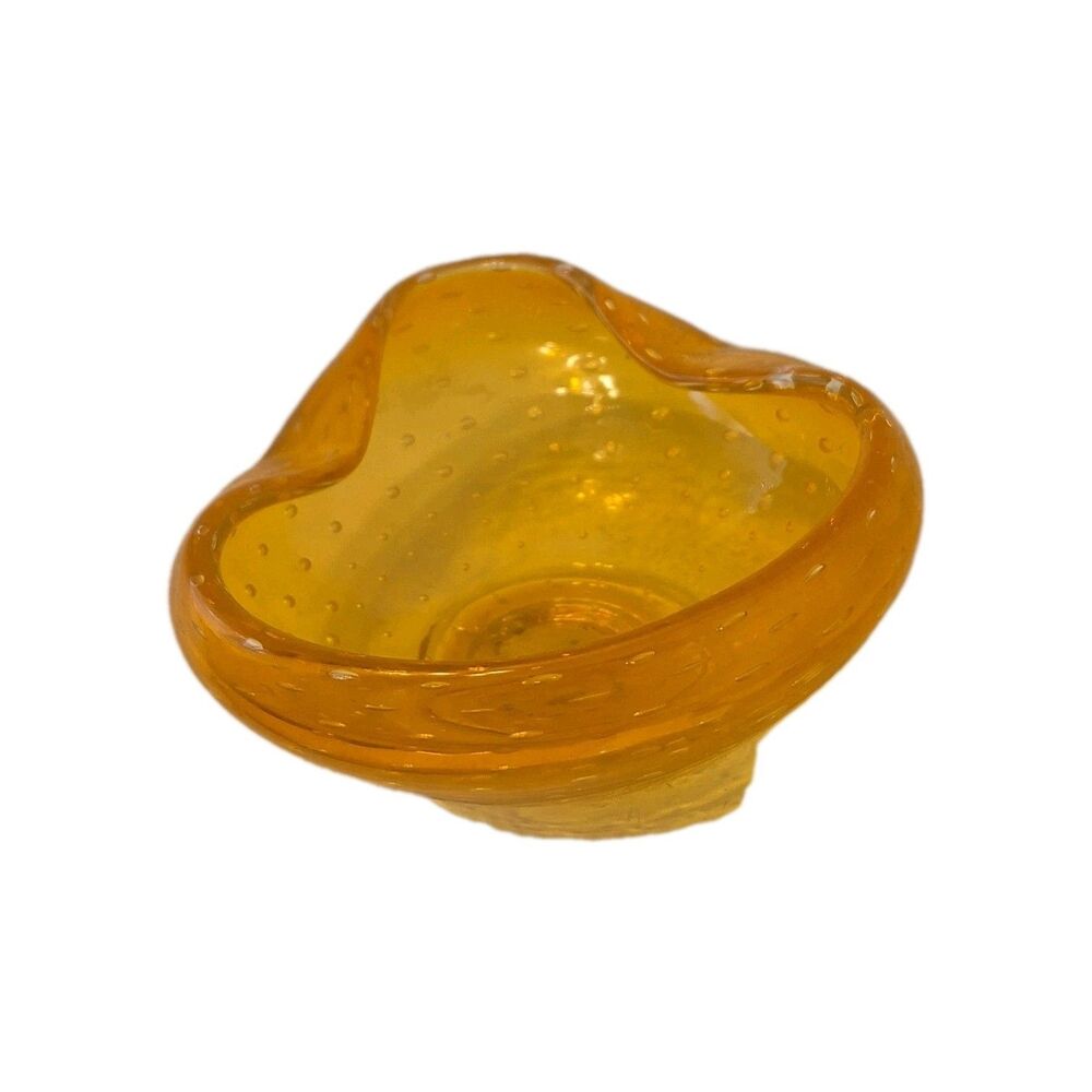 Amber Orange Blown Glass Bowl Bubble Folded Edge VTG 70's - Picture 5 of 7